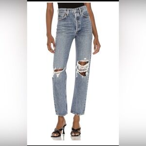 Agolde Light Blue High-Rise Straight Leg Jeans with Knee Rips